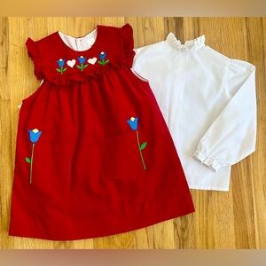 Vintage 80s Girl's Corduroy Dress Set *Size 6* Red Embroidered Jumper Dress
